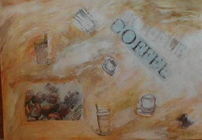 Lotte coffee cups acrylic  painting by Artist Liselotte Hjort for sale: Contact artagent Inge Marie Jensen  Gallery ArtDanish.dk or buy direct online udstillet i Vagabondo.dk i Roskilde